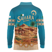 Sahara Algeria Long Sleeve Polo Shirt with Desert Camel Landscape and Islamic Motif Design