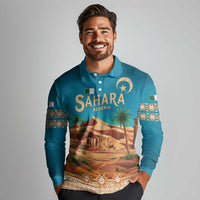 Sahara Algeria Long Sleeve Polo Shirt with Desert Camel Landscape and Islamic Motif Design