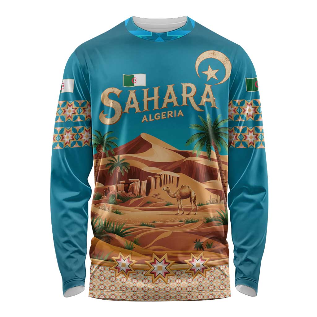 Sahara Algeria Long Sleeve Shirt with Desert Camel Landscape and Islamic Motif Design