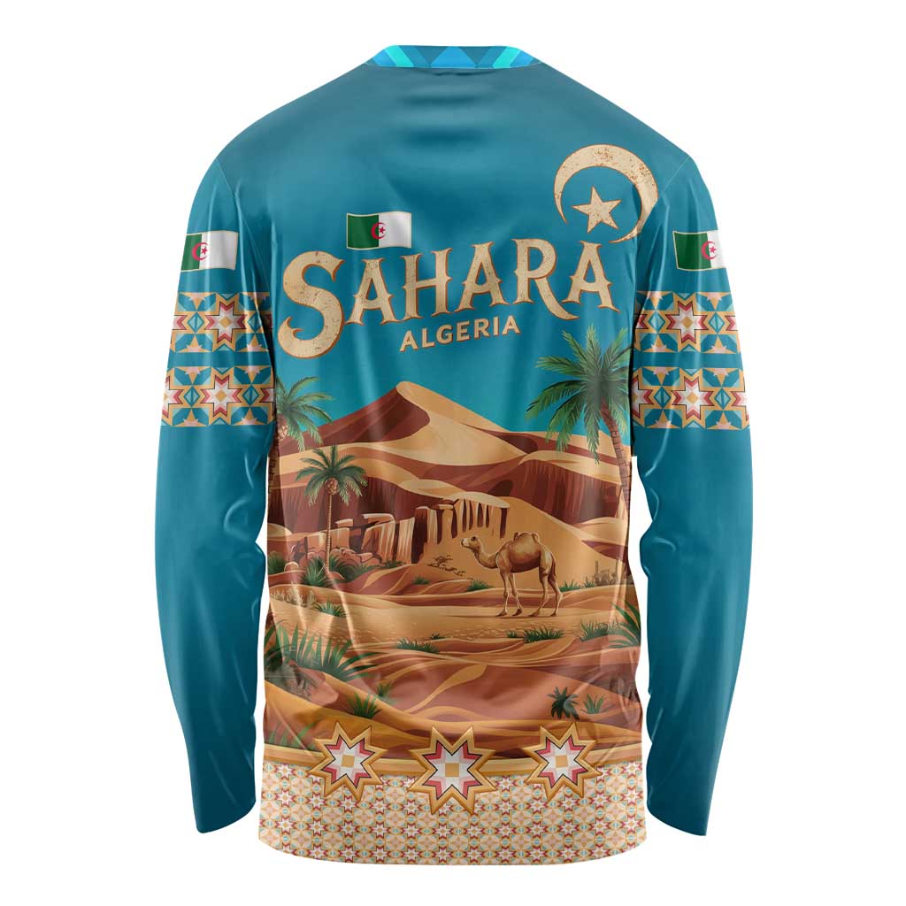 Sahara Algeria Long Sleeve Shirt with Desert Camel Landscape and Islamic Motif Design