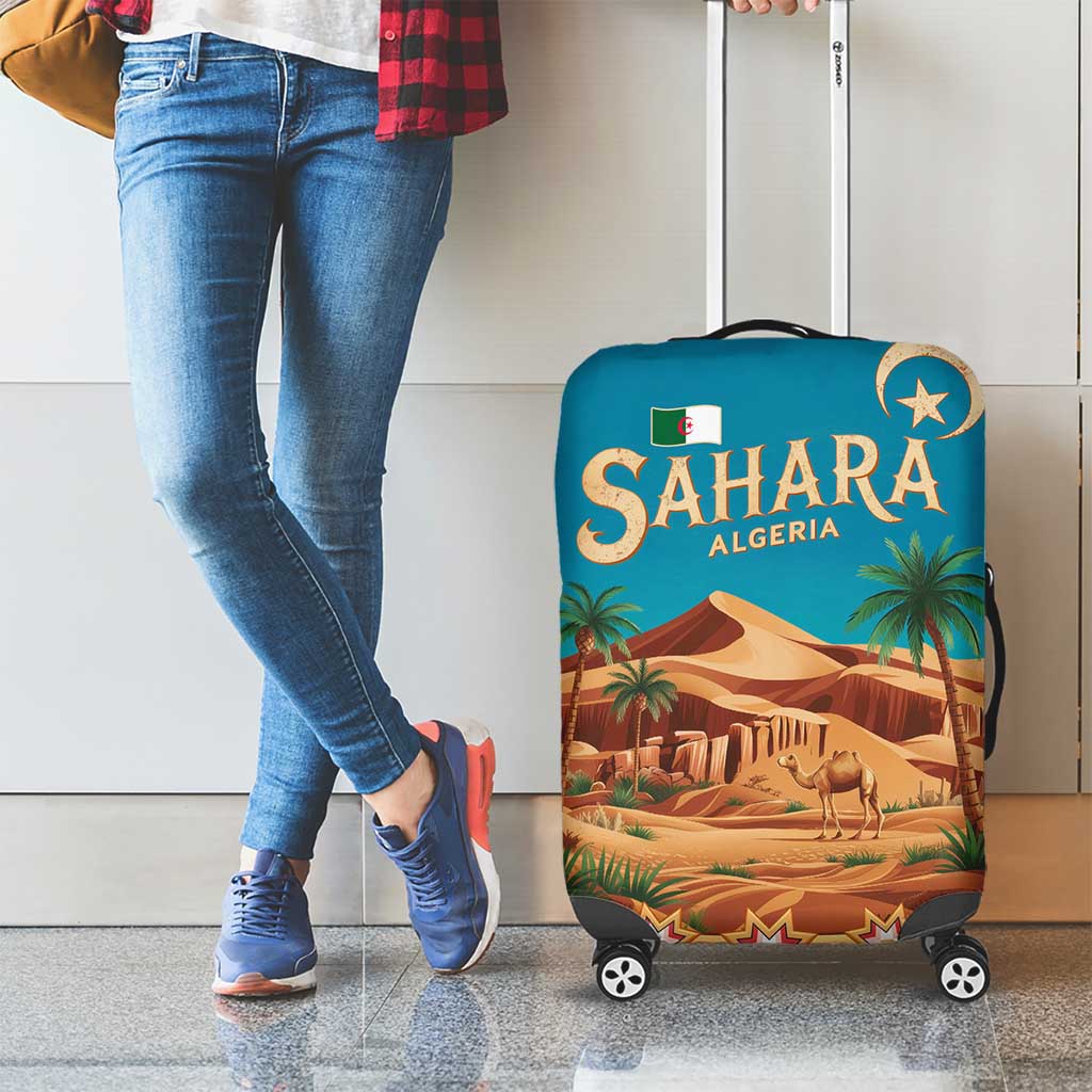 Sahara Algeria Luggage Cover with Desert Camel Landscape and Islamic Motif Design