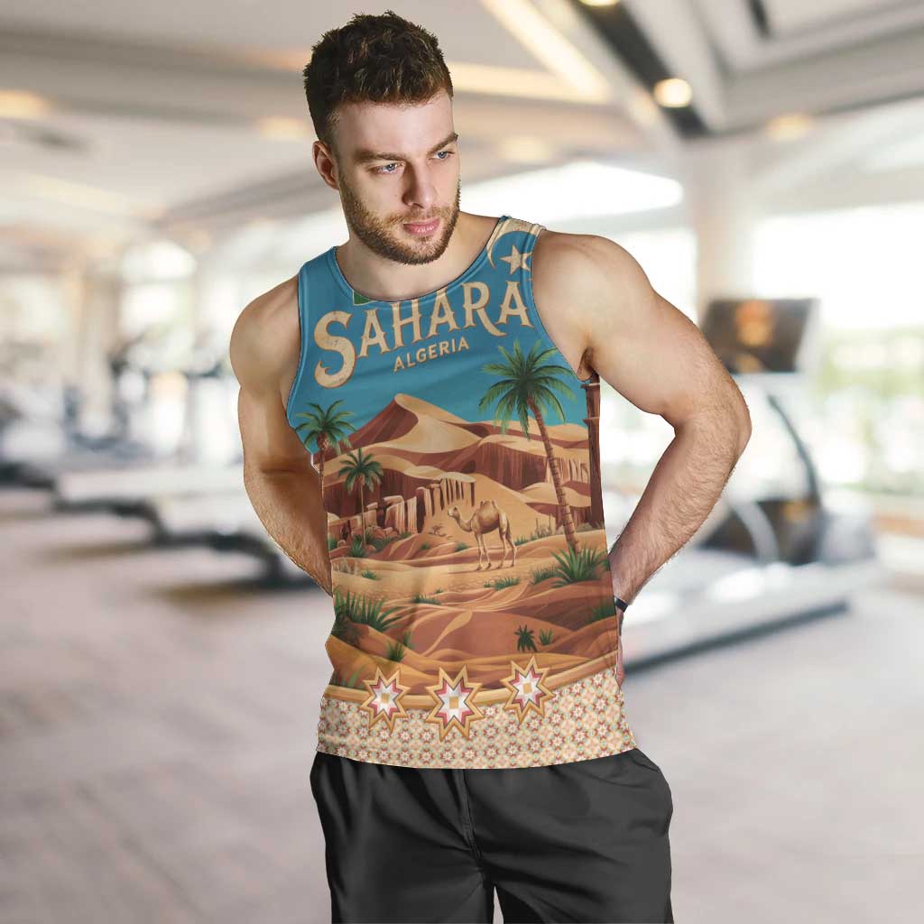 Sahara Algeria Men Tank Top with Desert Camel Landscape and Islamic Motif Design