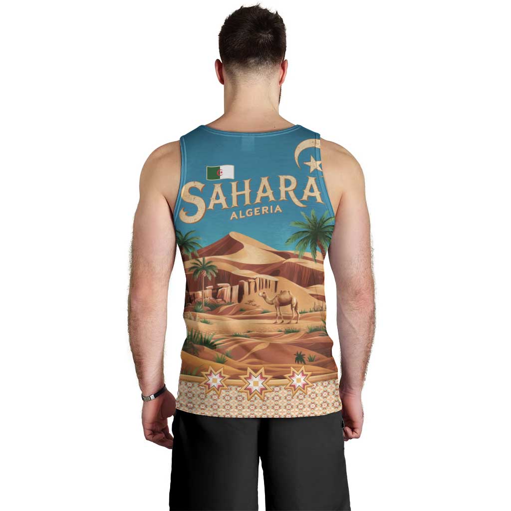 Sahara Algeria Men Tank Top with Desert Camel Landscape and Islamic Motif Design