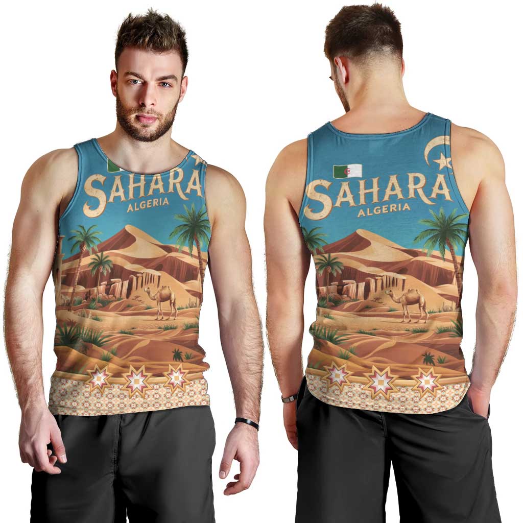 Sahara Algeria Men Tank Top with Desert Camel Landscape and Islamic Motif Design