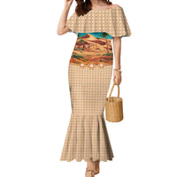 Sahara Algeria Mermaid Dress with Desert Camel Landscape and Islamic Motif Design