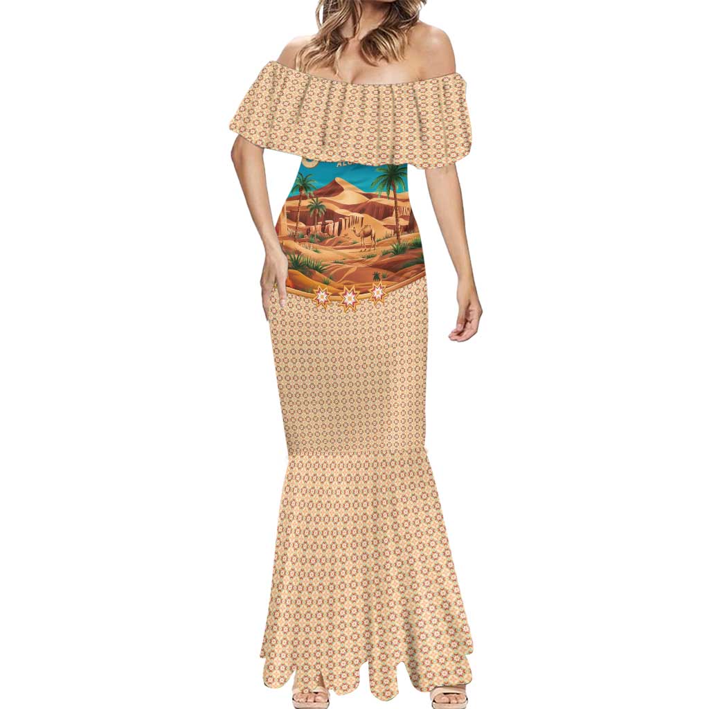 Sahara Algeria Mermaid Dress with Desert Camel Landscape and Islamic Motif Design