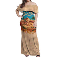 Sahara Algeria Off Shoulder Maxi Dress with Desert Camel Landscape and Islamic Motif Design