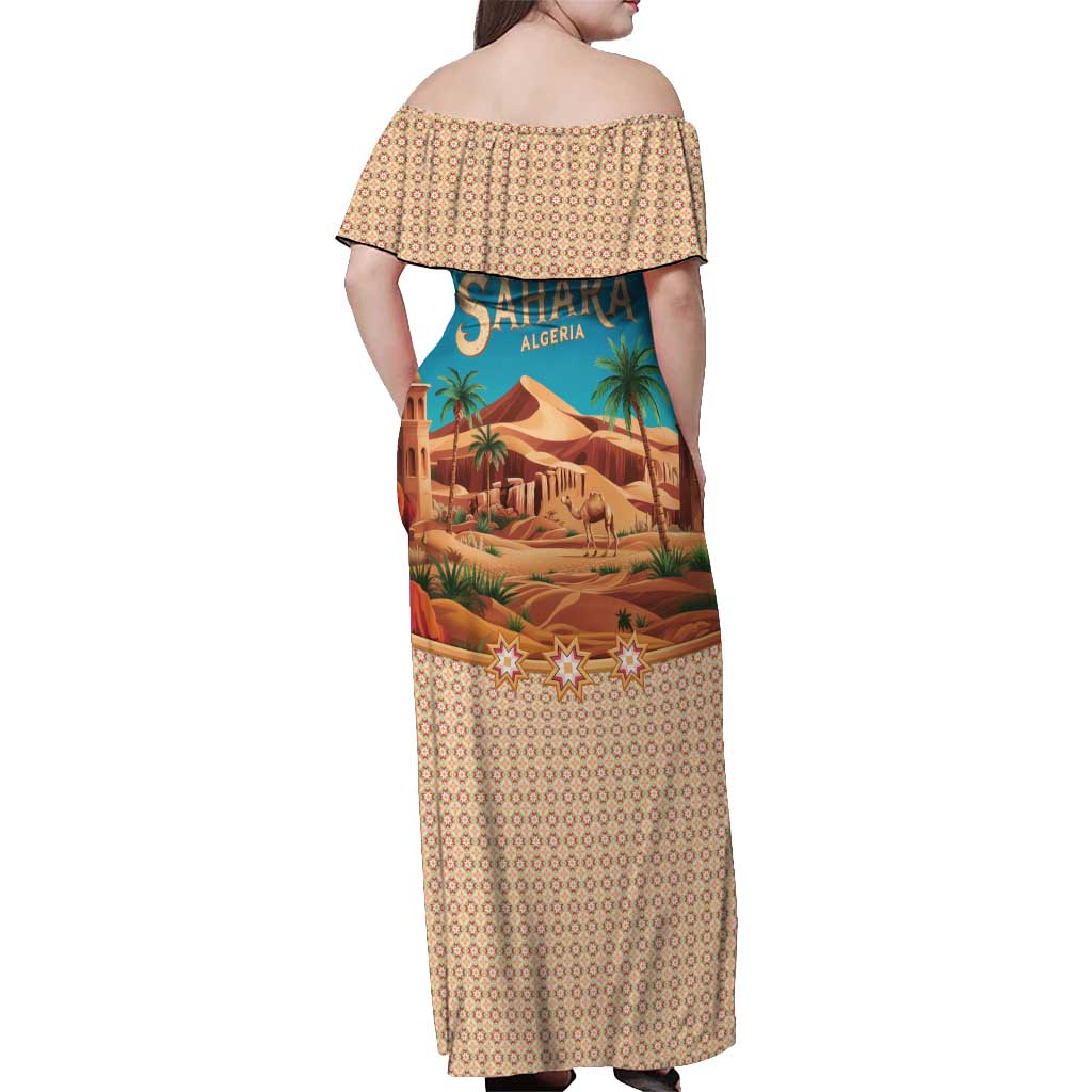 Sahara Algeria Off Shoulder Maxi Dress with Desert Camel Landscape and Islamic Motif Design