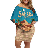 Sahara Algeria Off Shoulder Short Dress with Desert Camel Landscape and Islamic Motif Design