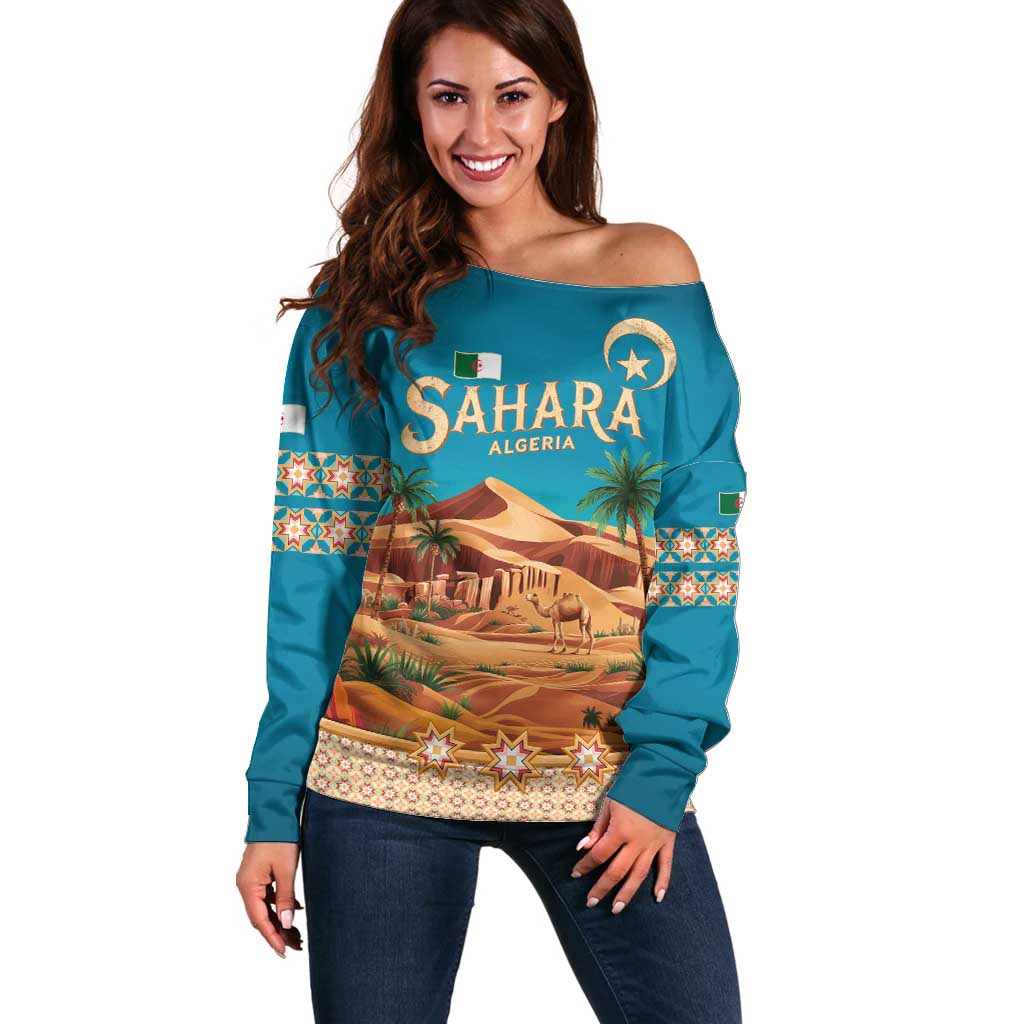 Sahara Algeria Off Shoulder Sweater with Desert Camel Landscape and Islamic Motif Design