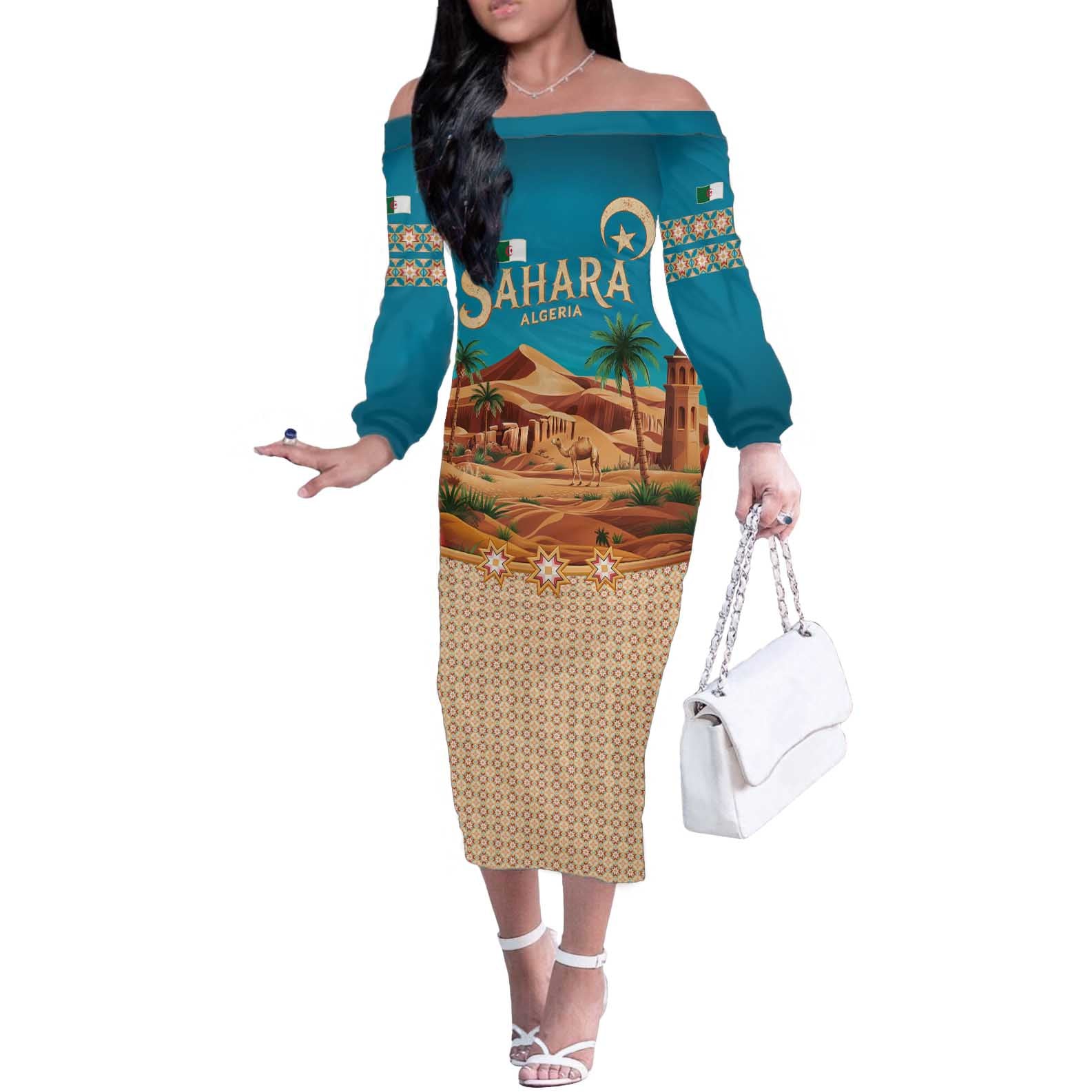 Sahara Algeria Off The Shoulder Long Sleeve Dress with Desert Camel Landscape and Islamic Motif Design