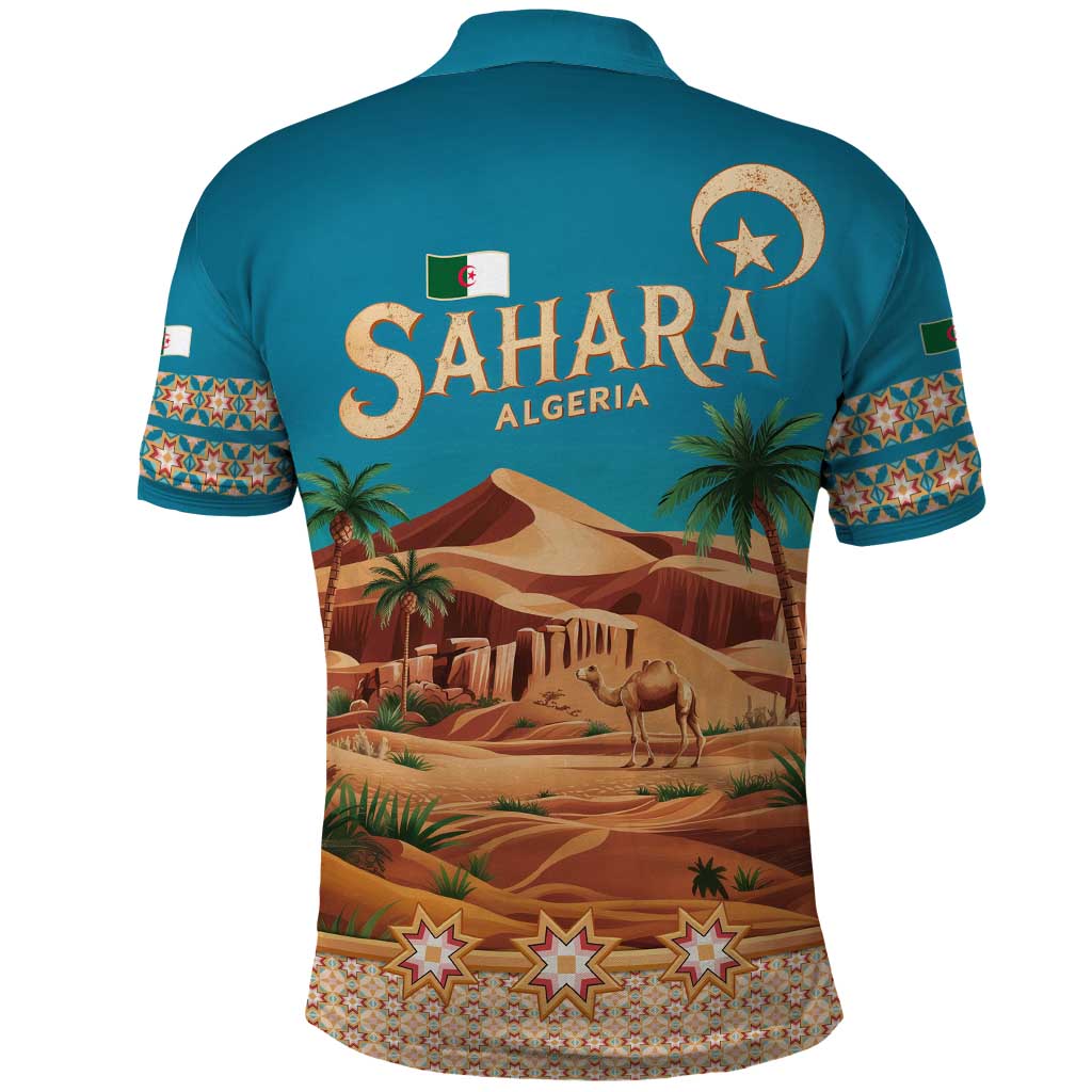 Sahara Algeria Polo Shirt with Desert Camel Landscape and Islamic Motif Design