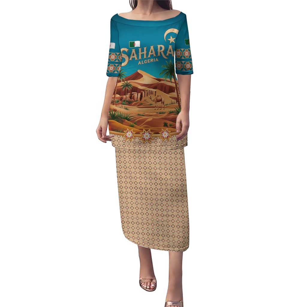 Sahara Algeria Puletasi with Desert Camel Landscape and Islamic Motif Design