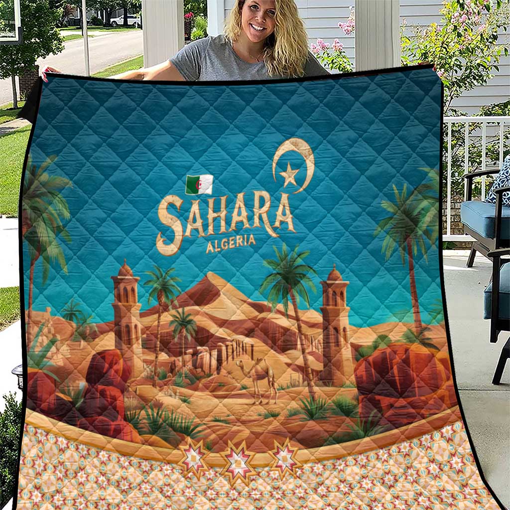 Sahara Algeria Quilt with Desert Camel Landscape and Islamic Motif Design