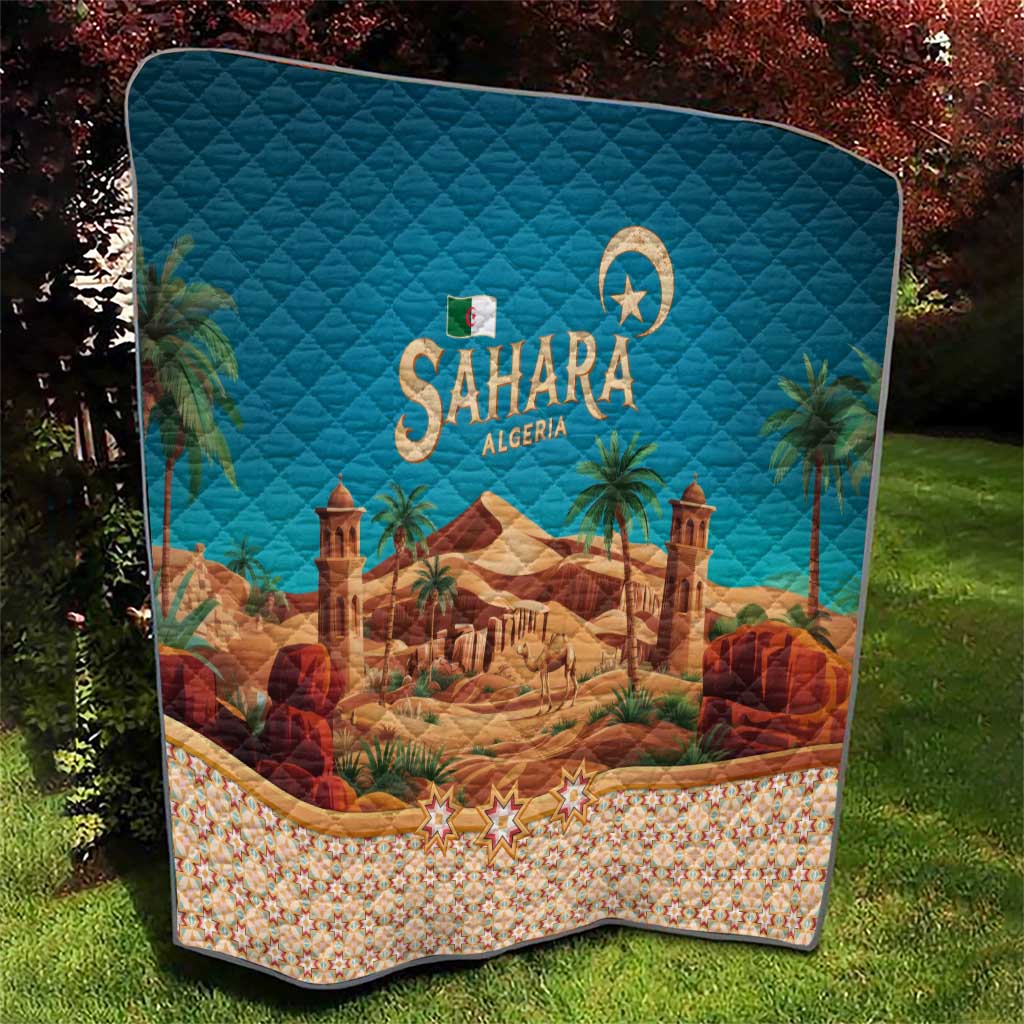 Sahara Algeria Quilt with Desert Camel Landscape and Islamic Motif Design