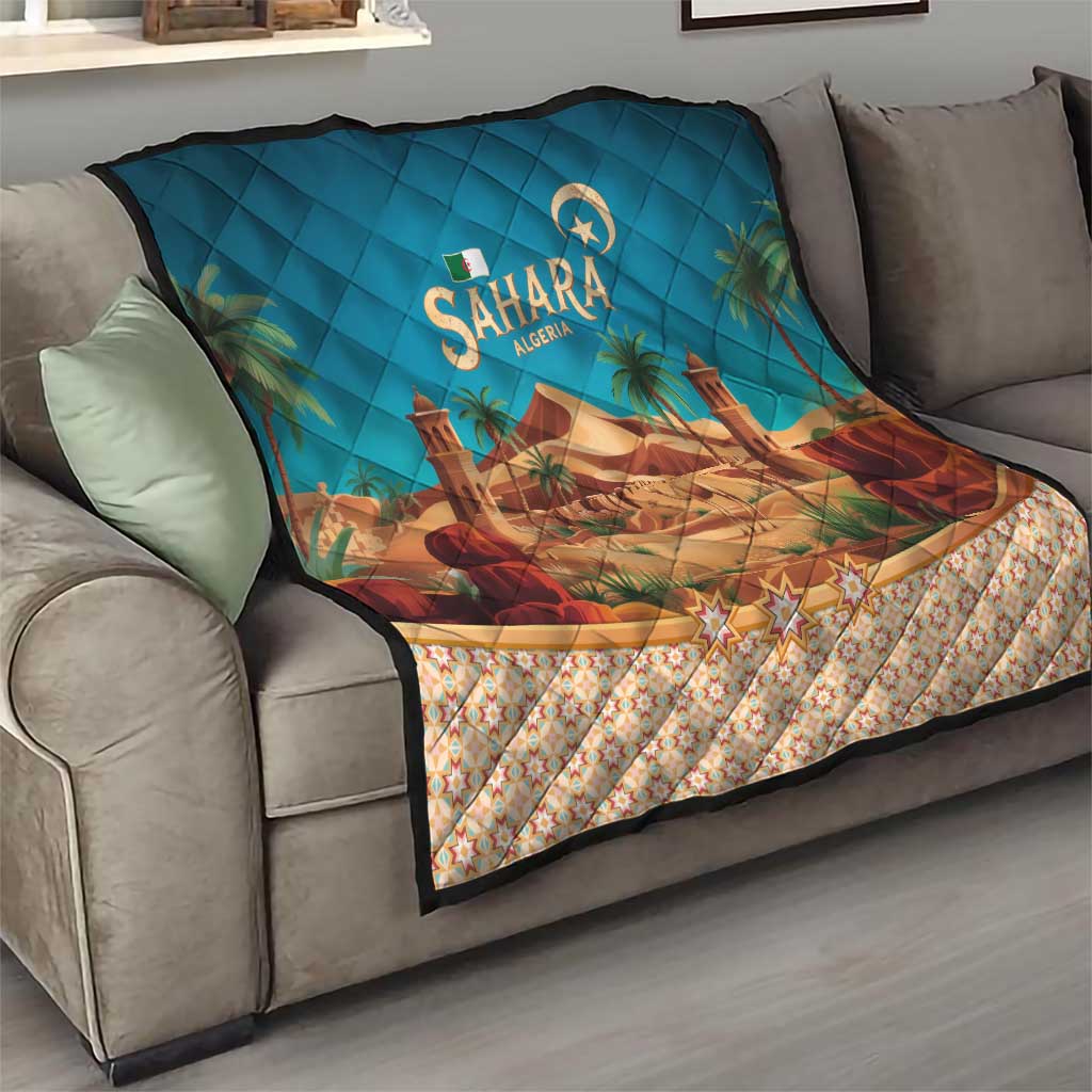 Sahara Algeria Quilt with Desert Camel Landscape and Islamic Motif Design