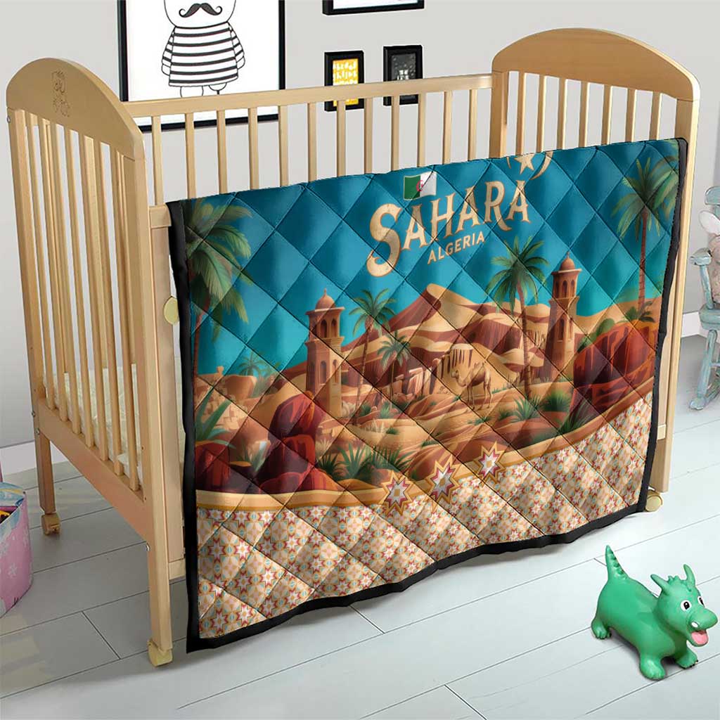 Sahara Algeria Quilt with Desert Camel Landscape and Islamic Motif Design