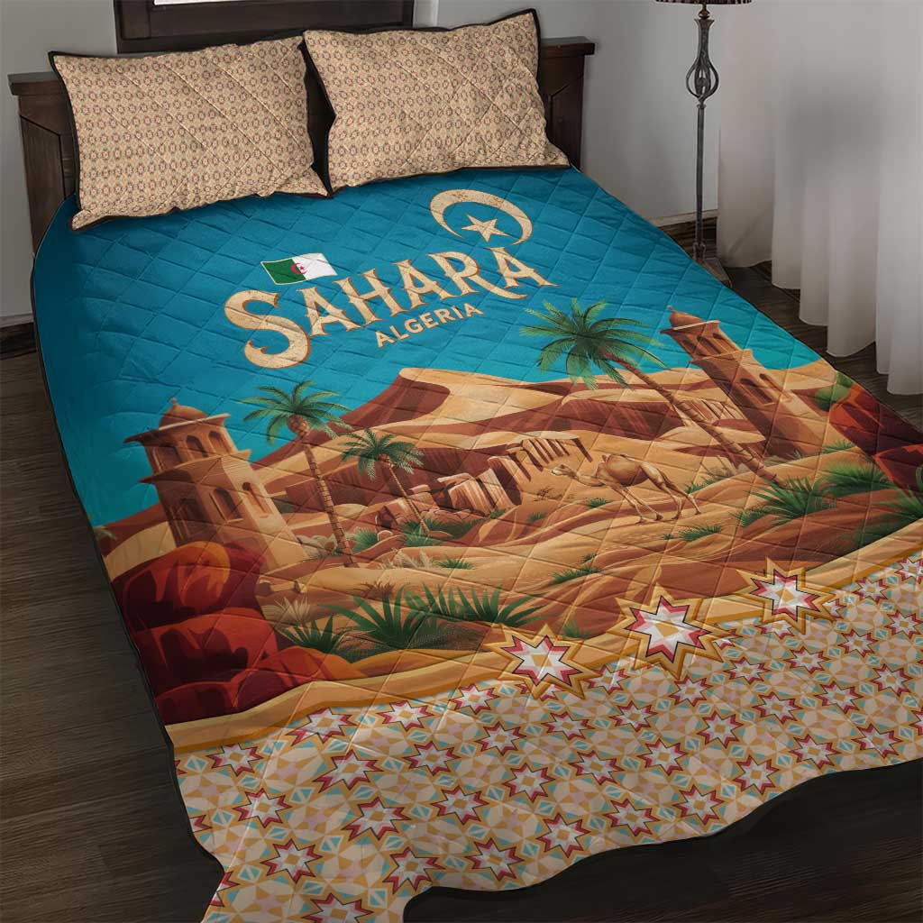 Sahara Algeria Quilt Bed Set with Desert Camel Landscape and Islamic Motif Design