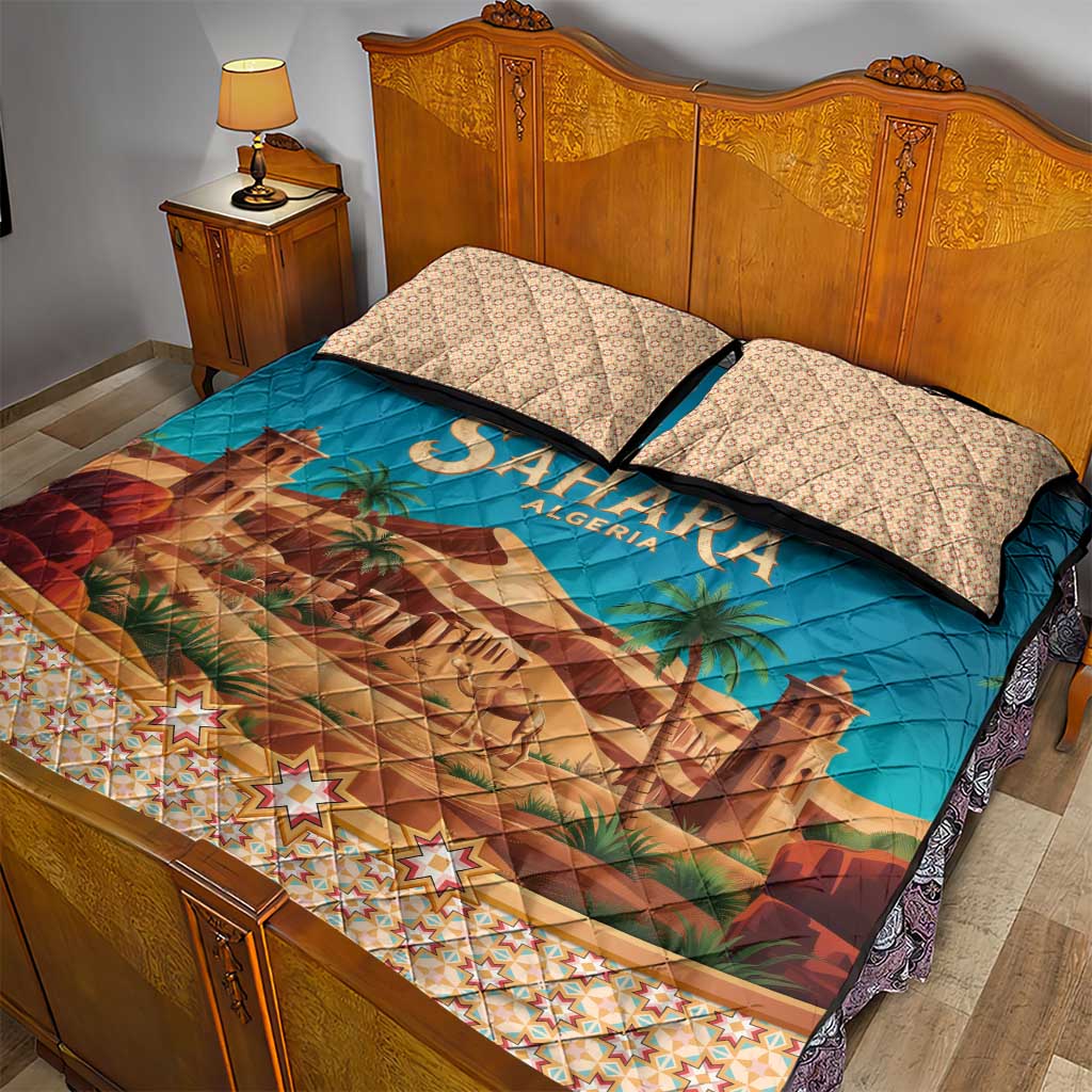 Sahara Algeria Quilt Bed Set with Desert Camel Landscape and Islamic Motif Design