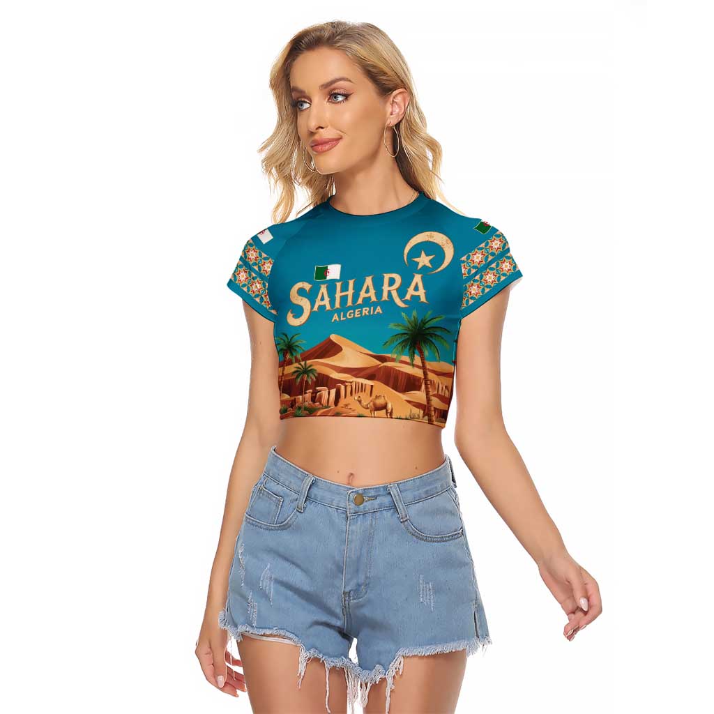 Sahara Algeria Raglan Cropped T Shirt with Desert Camel Landscape and Islamic Motif Design