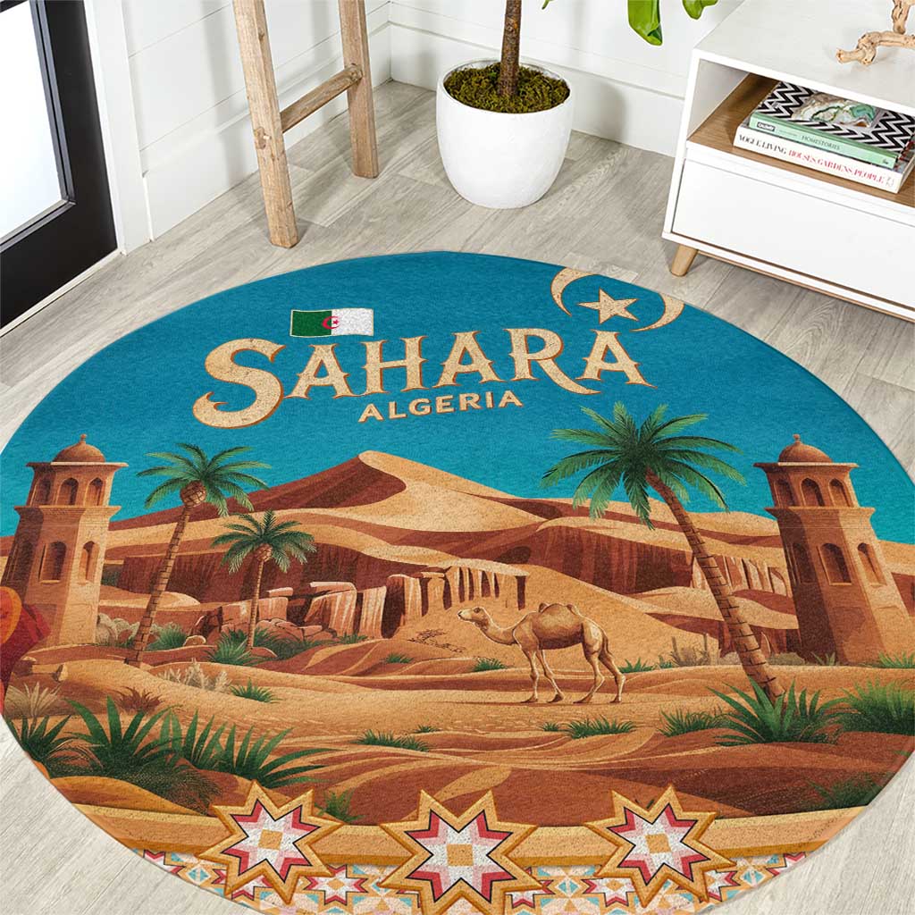 Sahara Algeria Round Carpet with Desert Camel Landscape and Islamic Motif Design