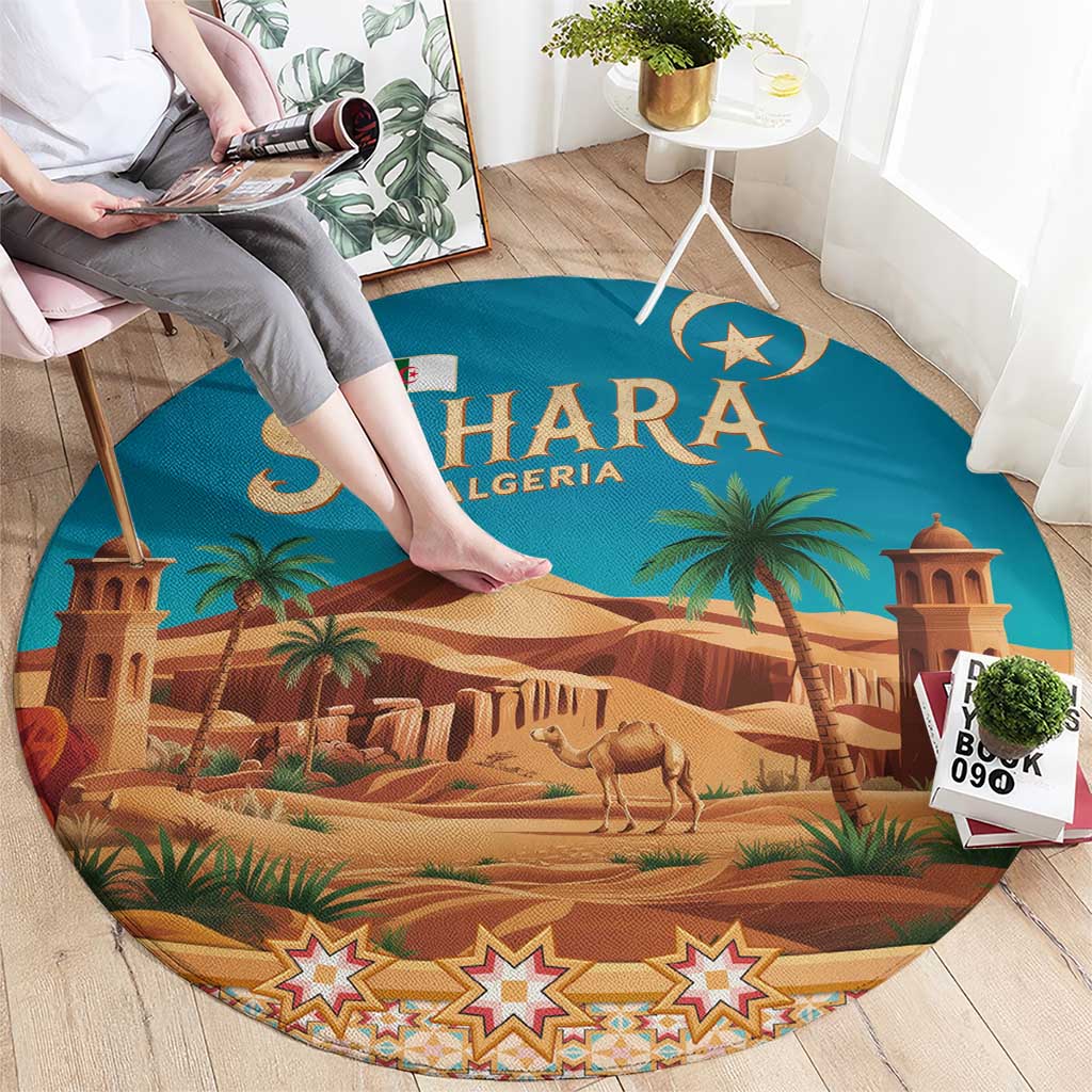 Sahara Algeria Round Carpet with Desert Camel Landscape and Islamic Motif Design