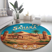 Sahara Algeria Round Carpet with Desert Camel Landscape and Islamic Motif Design