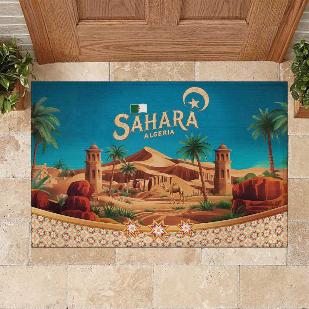 Sahara Algeria Rubber Doormat with Desert Camel Landscape and Islamic Motif Design
