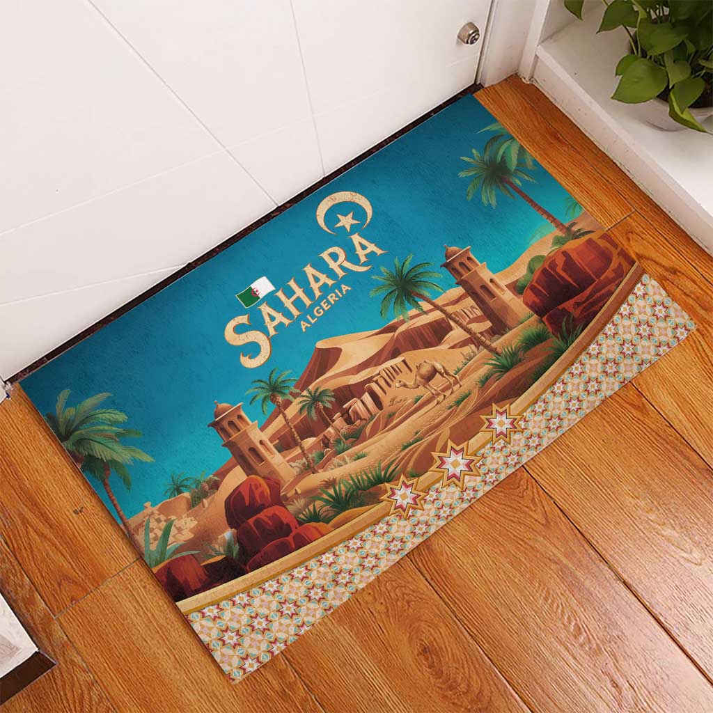 Sahara Algeria Rubber Doormat with Desert Camel Landscape and Islamic Motif Design