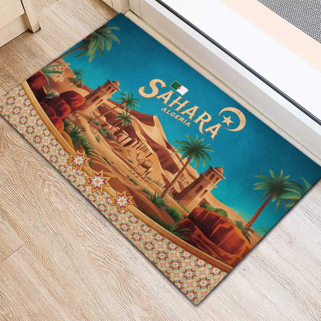 Sahara Algeria Rubber Doormat with Desert Camel Landscape and Islamic Motif Design