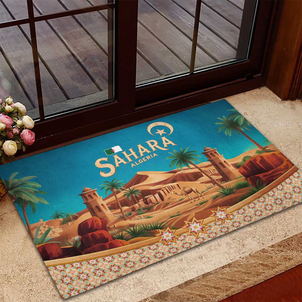 Sahara Algeria Rubber Doormat with Desert Camel Landscape and Islamic Motif Design
