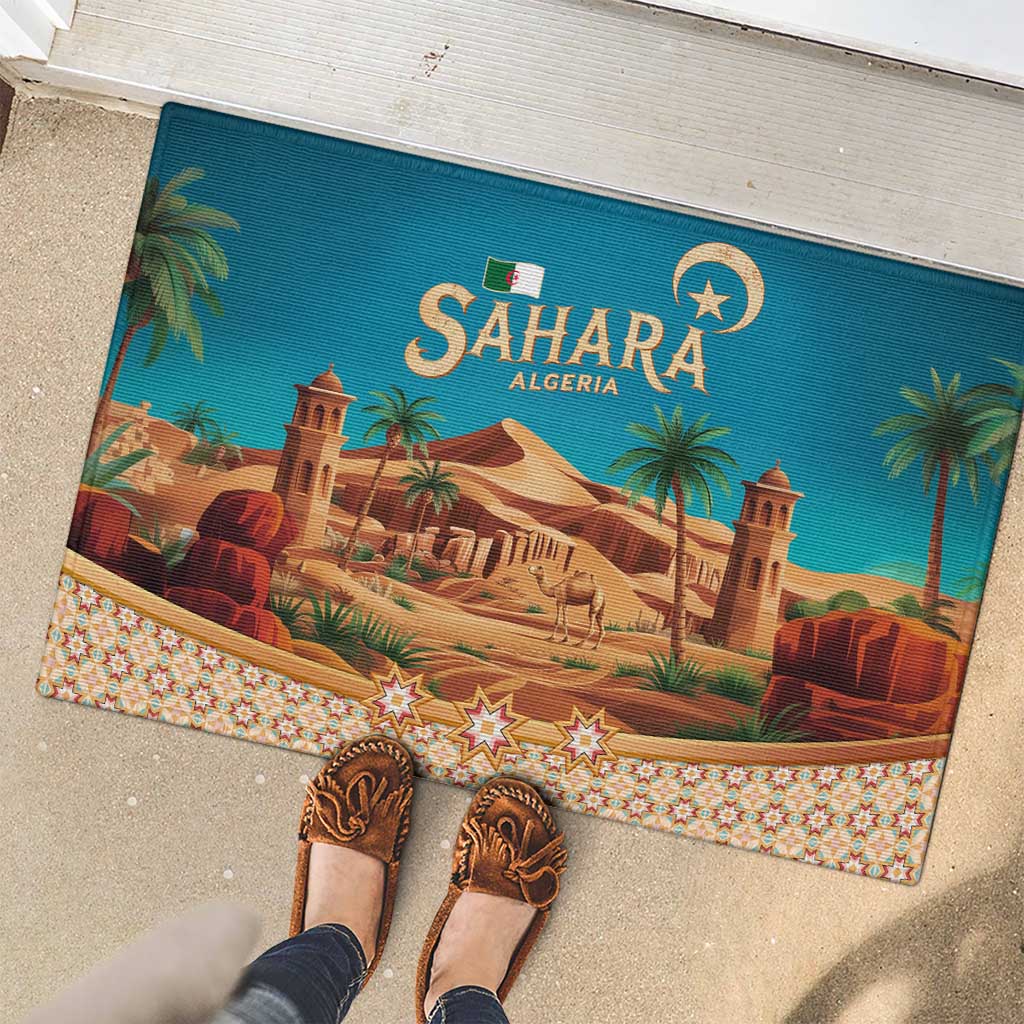 Sahara Algeria Rubber Doormat with Desert Camel Landscape and Islamic Motif Design