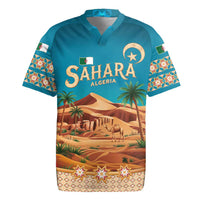 Sahara Algeria Rugby Jersey with Desert Camel Landscape and Islamic Motif Design