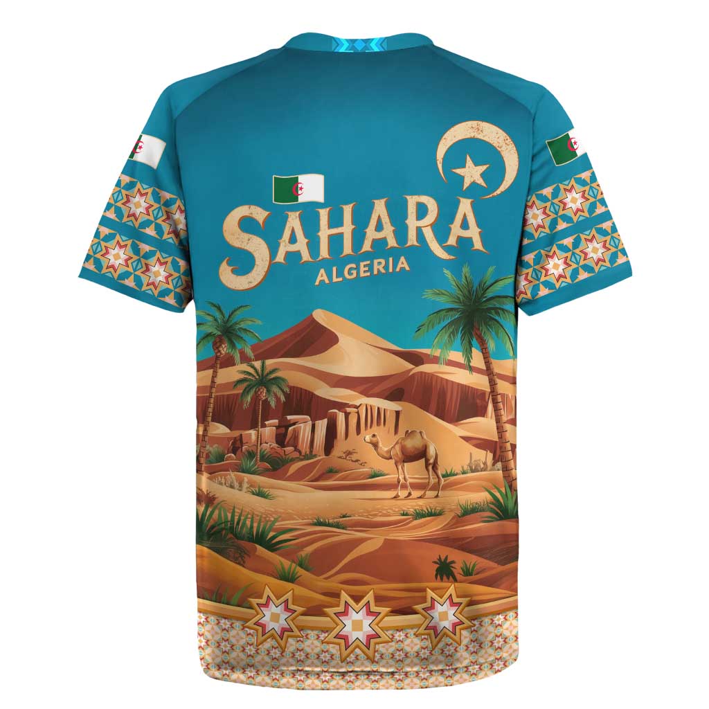 Sahara Algeria Rugby Jersey with Desert Camel Landscape and Islamic Motif Design