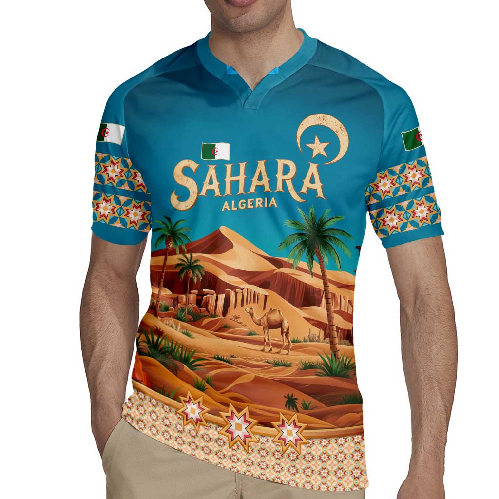 Sahara Algeria Rugby Jersey with Desert Camel Landscape and Islamic Motif Design