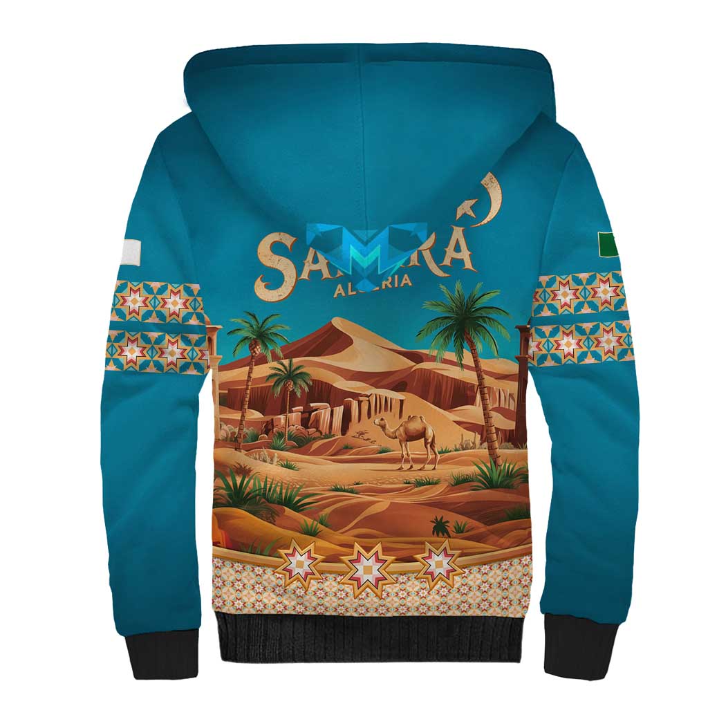 Sahara Algeria Sherpa Hoodie with Desert Camel Landscape and Islamic Motif Design