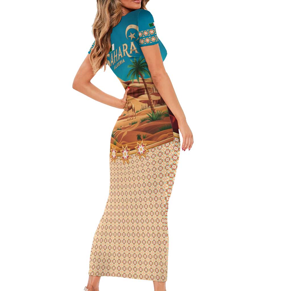 Sahara Algeria Short Sleeve Bodycon Dress with Desert Camel Landscape and Islamic Motif Design