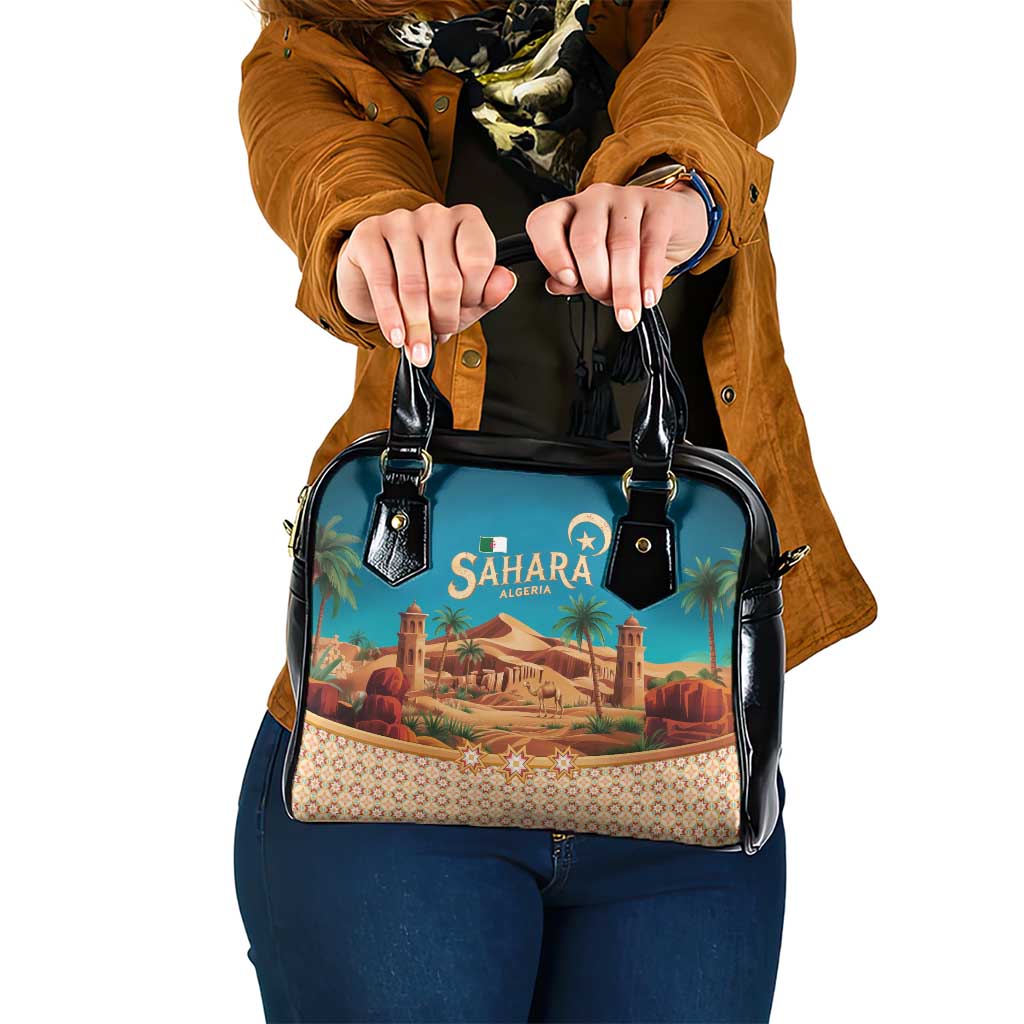 Sahara Algeria Shoulder Handbag with Desert Camel Landscape and Islamic Motif Design