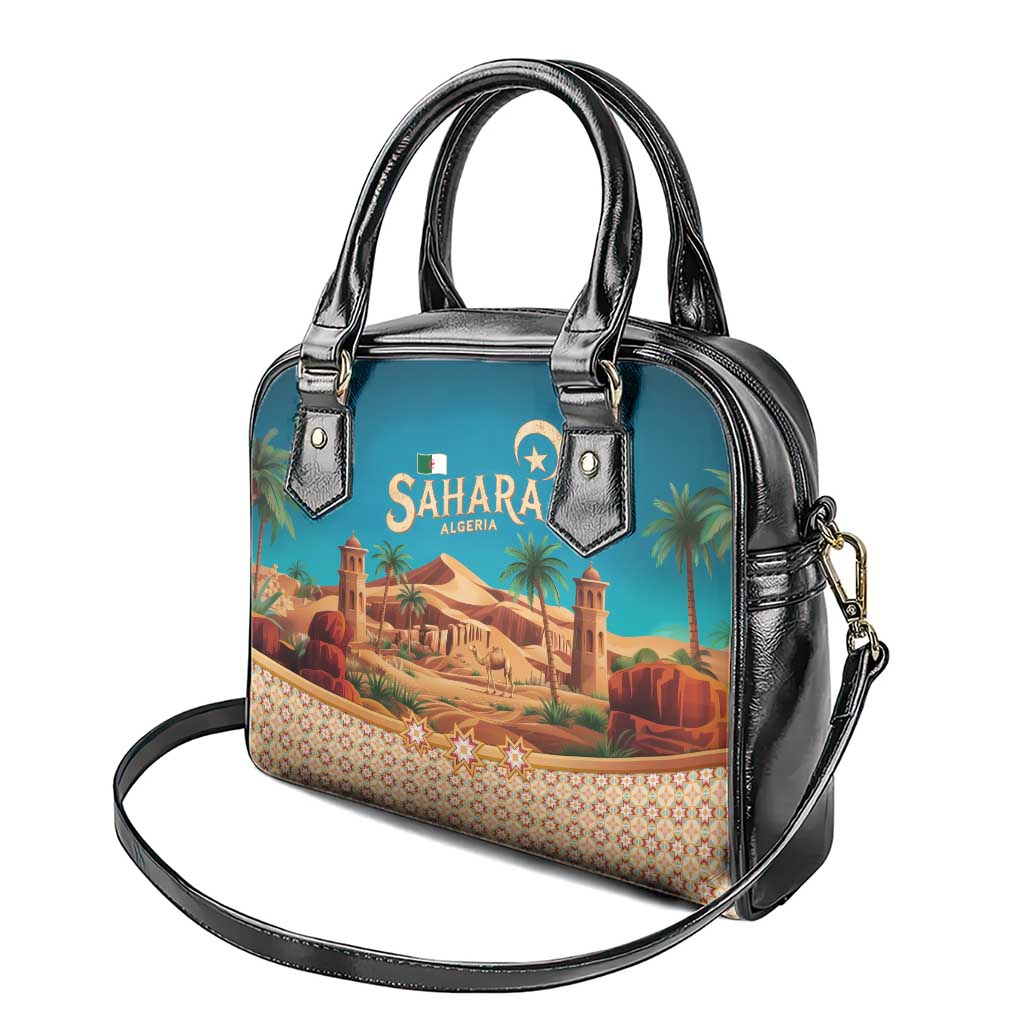 Sahara Algeria Shoulder Handbag with Desert Camel Landscape and Islamic Motif Design