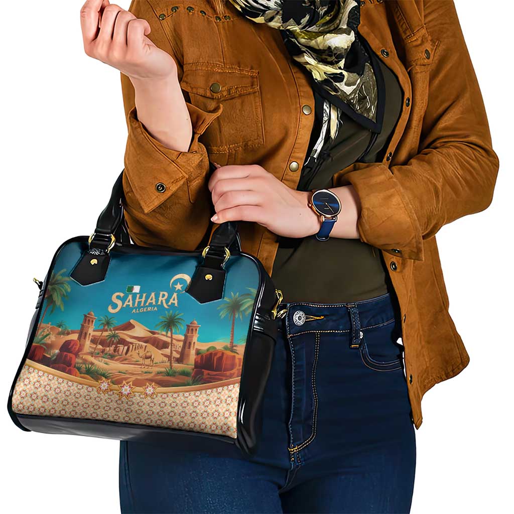 Sahara Algeria Shoulder Handbag with Desert Camel Landscape and Islamic Motif Design