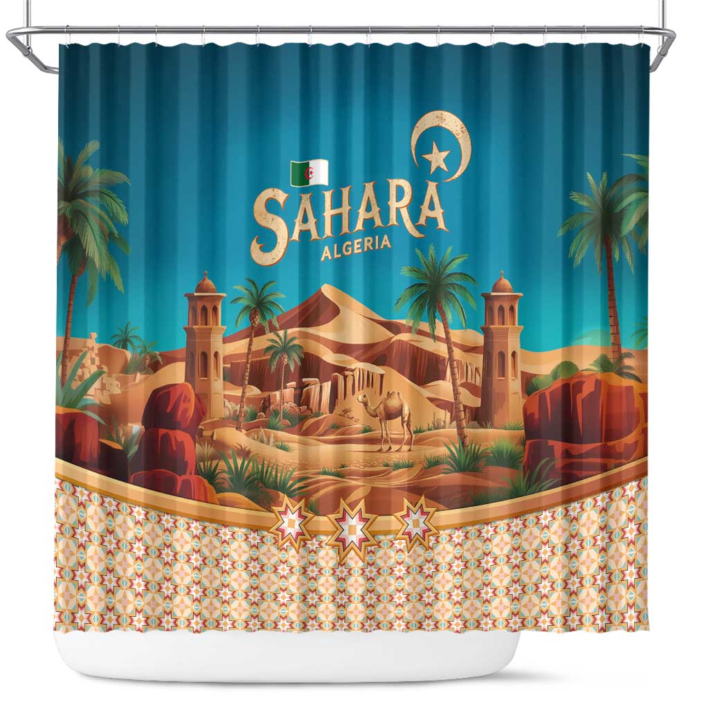 Sahara Algeria Shower Curtain with Desert Camel Landscape and Islamic Motif Design