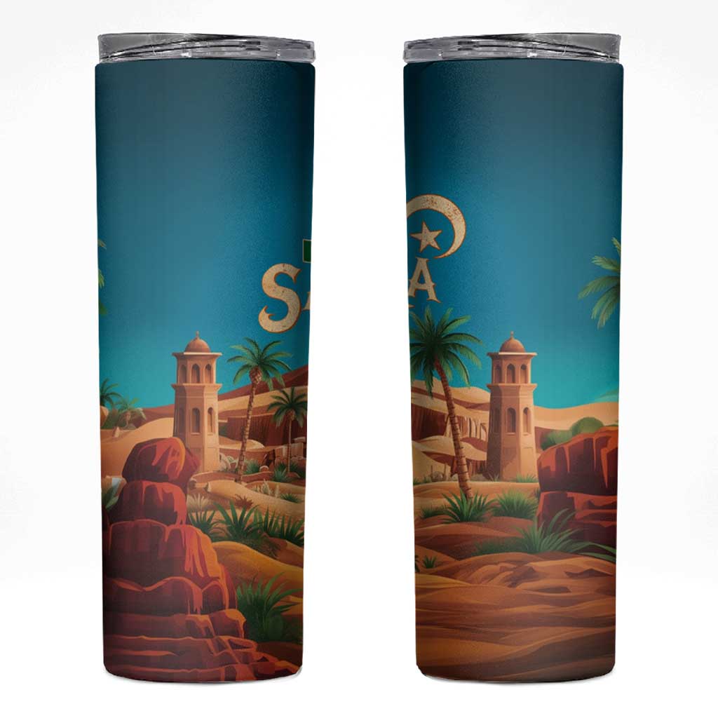 Sahara Algeria Skinny Tumbler with Desert Camel Landscape and Islamic Motif Design