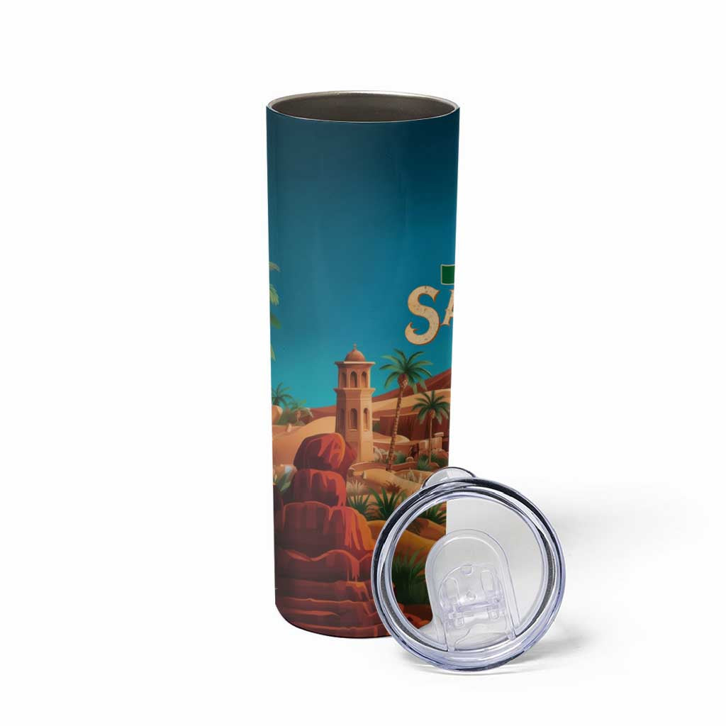 Sahara Algeria Skinny Tumbler with Desert Camel Landscape and Islamic Motif Design