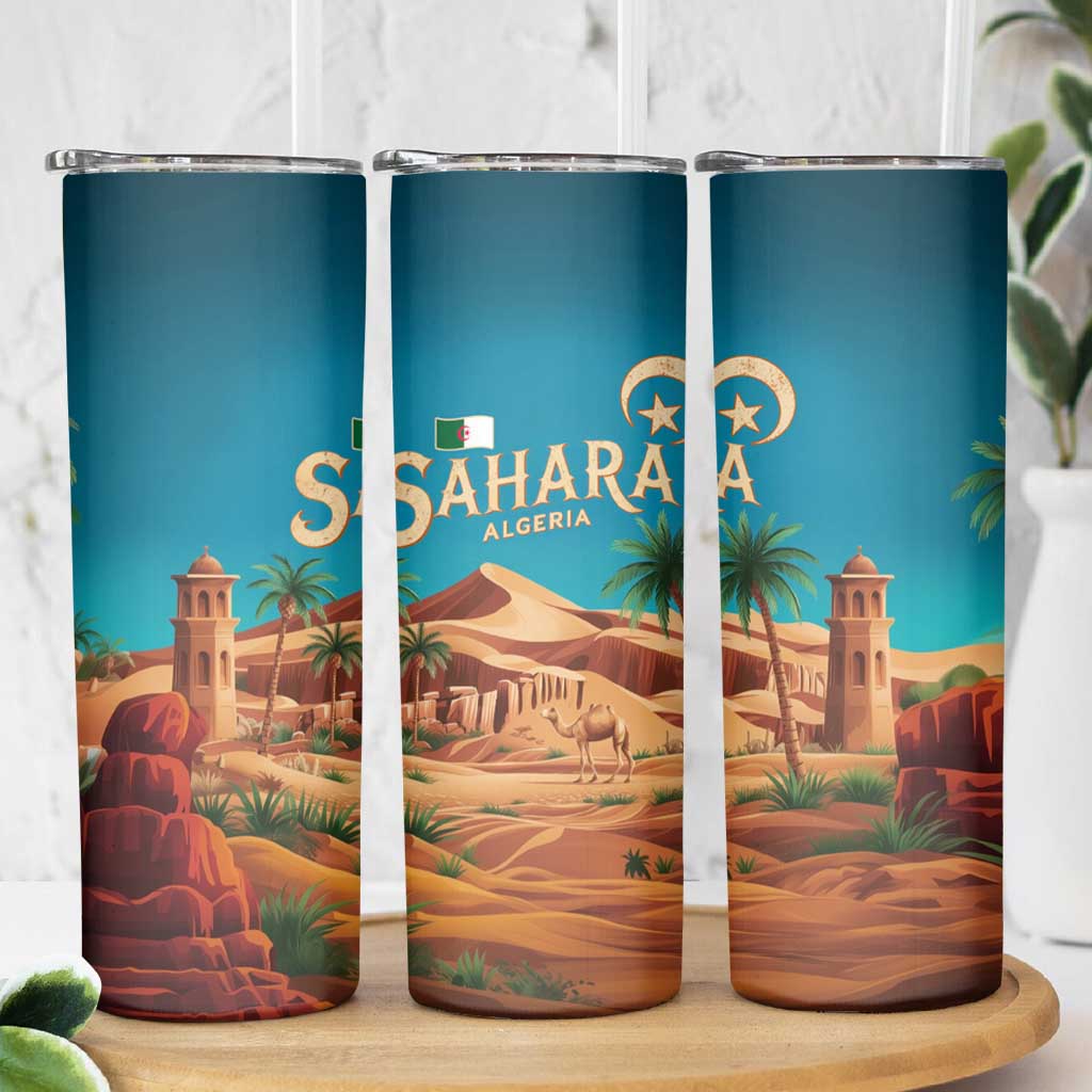 Sahara Algeria Skinny Tumbler with Desert Camel Landscape and Islamic Motif Design