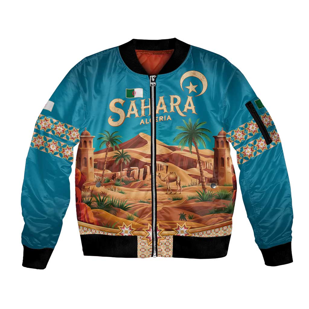 Sahara Algeria Sleeve Zip Bomber Jacket with Desert Camel Landscape and Islamic Motif Design