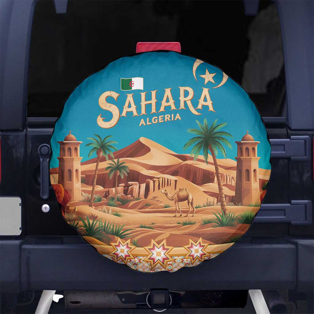 Sahara Algeria Spare Tire Cover with Desert Camel Landscape and Islamic Motif Design