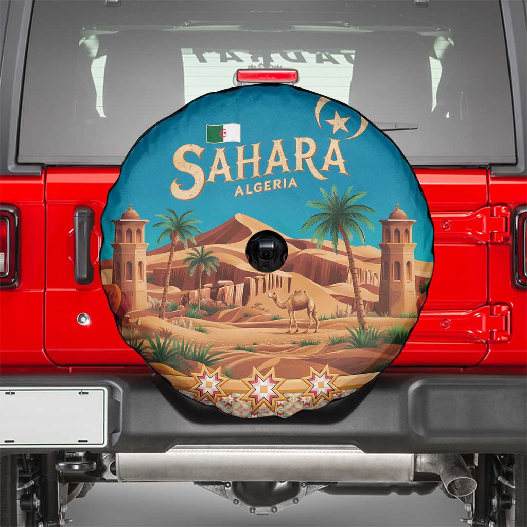 Sahara Algeria Spare Tire Cover with Desert Camel Landscape and Islamic Motif Design