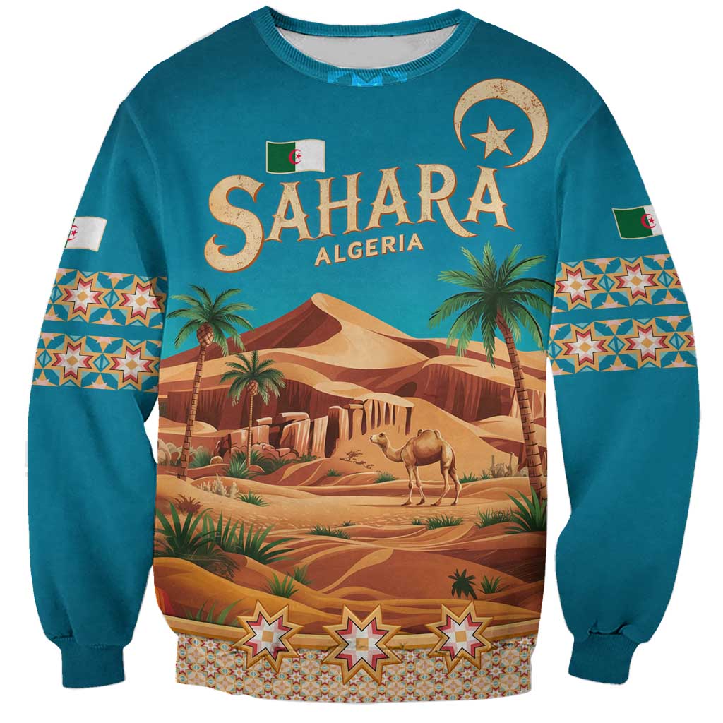 Sahara Algeria Sweatshirt with Desert Camel Landscape and Islamic Motif Design