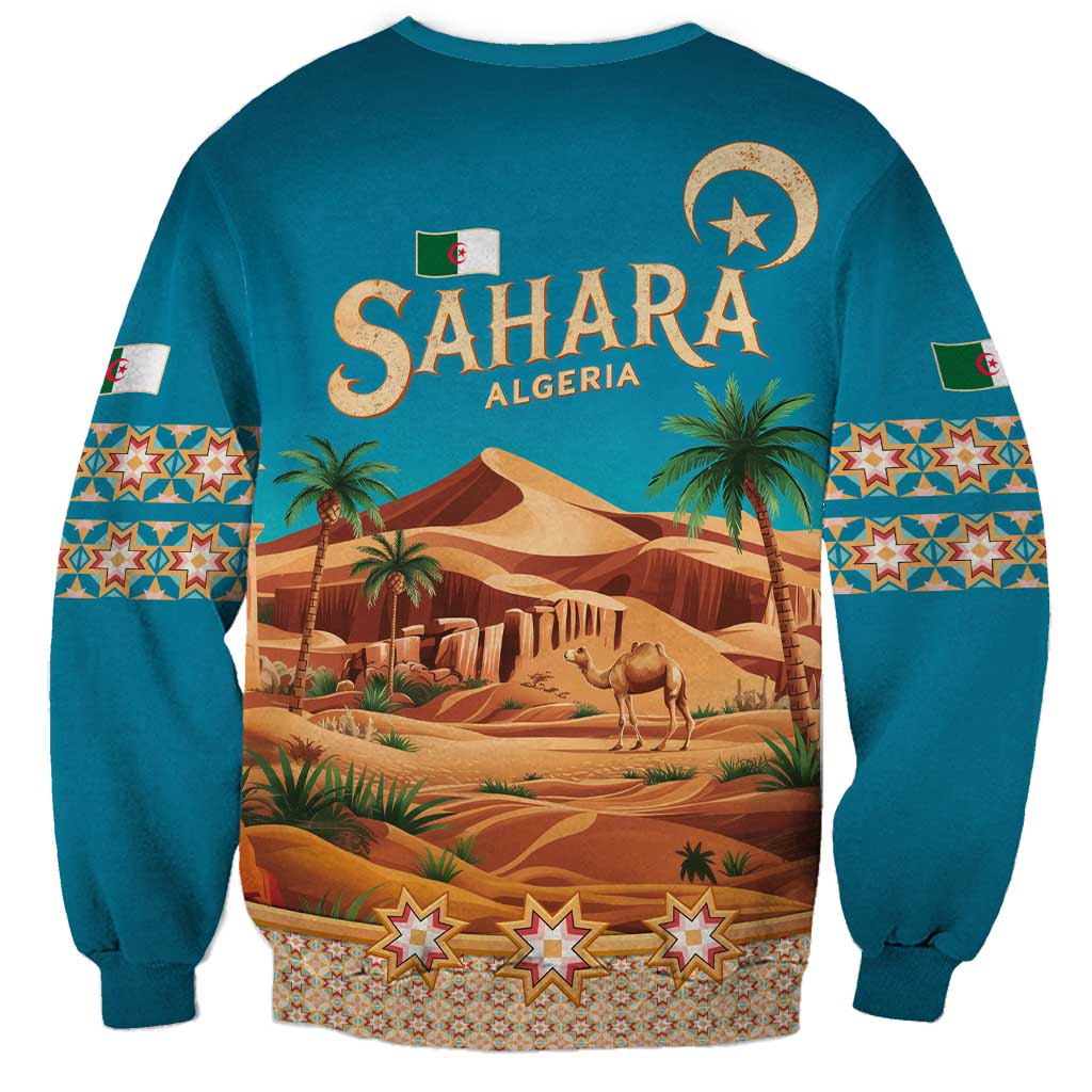 Sahara Algeria Sweatshirt with Desert Camel Landscape and Islamic Motif Design