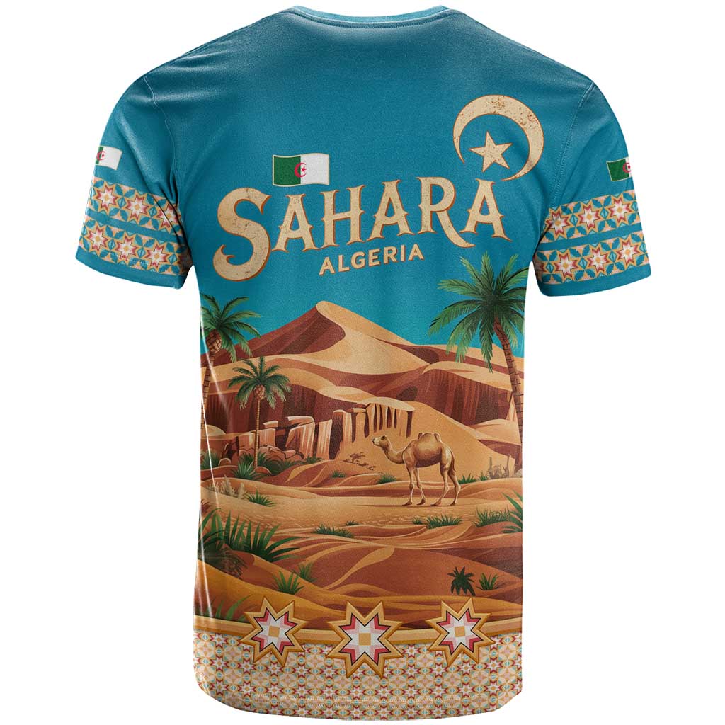 Sahara Algeria T Shirt with Desert Camel Landscape and Islamic Motif Design